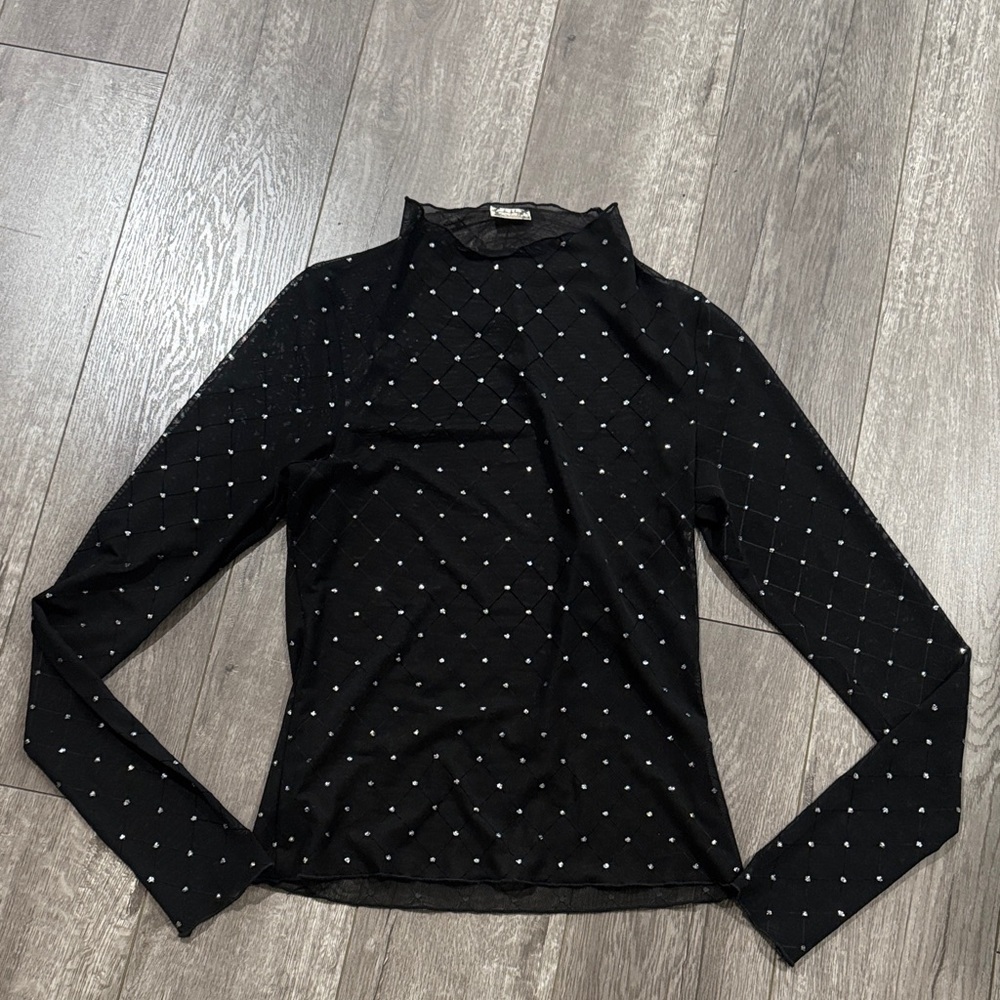 Free people black mesh sheer silver glitter long sleeve top S